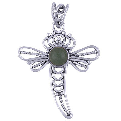 Stunning Handcrafted Dragon fly Green Aventurine Round Shape 925 Sterling Solid Silver Pendant - R101407-37