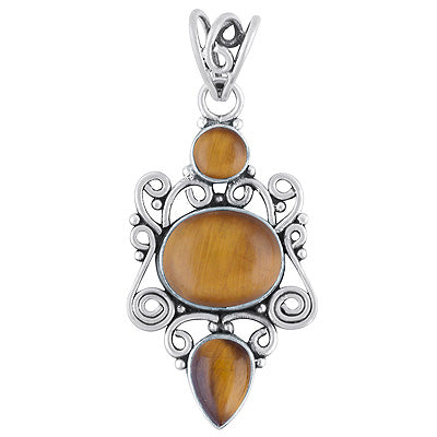 Beautiful Handwork Around Tiger's Eye Round, Oval, Pear Shape 925 Sterling Solid Silver Pendant - R101409-122