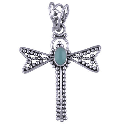 Dragon Fly handmade Rawa work Aqua Chalcedony Oval Shape 925 Sterling Solid Silver Pendant - R101410-30