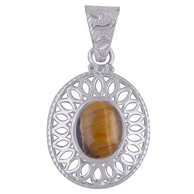Gorgeous Jali Cut work Pattern Around Tiger's Eye Oval Shape 925 Sterling Solid Silver Pendant - R101488-18