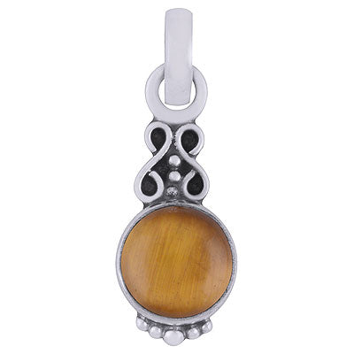 Beautiful Rawa Work Tiger's Eye Round Shape 925 Sterling Solid Silver Pendant - R101528-62
