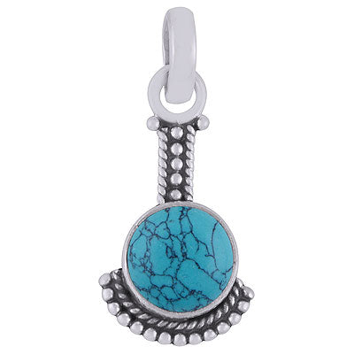 Alluring Oxidised Handcrafted Work Around Turquoise Round Shape 925 Sterling Solid Silver Pendant - R101539-53