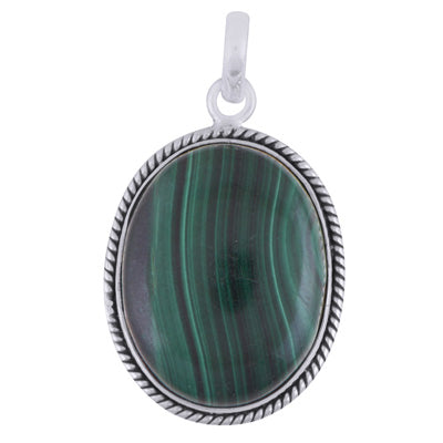 Authentic Wire Work Around Malachite Oval Shape 925 Sterling Solid Silver Pendant - R101574-90