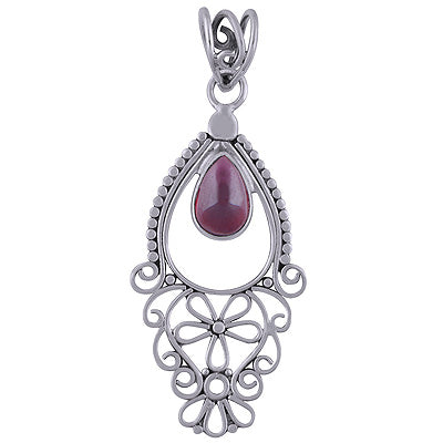 Beautiful Handmade Jali Work Garnet Pear Shape 925 Sterling Solid Silver Pendant - R101710-2
