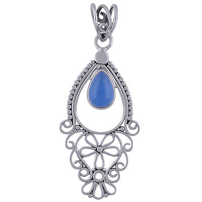 Beautiful Handmade Jali Work Blue Chalcedony Pear Shape 925 Sterling Solid Silver Pendant - R101710-26