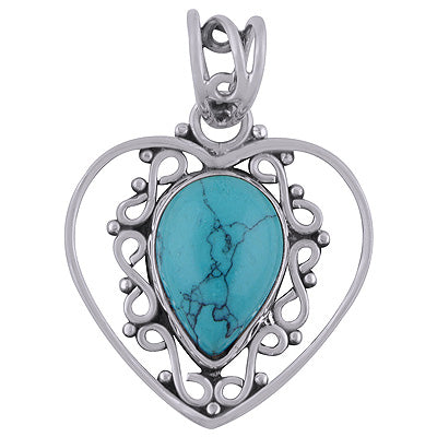 Alluring Heart with Rawa Work Around Turquoise Pear Shape 925 Sterling Solid Silver Pendant - R101738-2