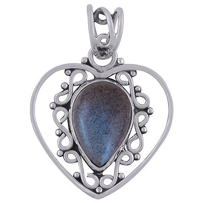 Alluring Heart with Rawa Work Around Labradorite Pear Shape 925 Sterling Solid Silver Pendant - R101738-4