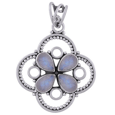 Alluring Flower w/ Wire & Rawa Work Around Rainbow Moonstone Pear Shape 925 Sterling Solid Silver Pendants - R101740-4