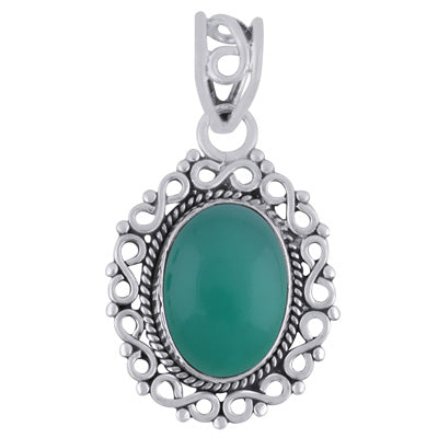 Alluring Handcrafted Work Around Green Onyx Oval Shape 925 Sterling Solid Silver Pendant - R101779-11