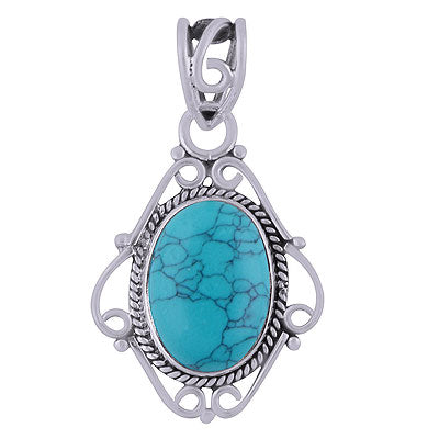 Gorgeous Twisted Wire Frame Around Turquoise Oval Shape 925 Sterling Solid Silver Pendant - R101782-2