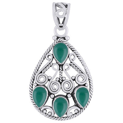 Gorgeous Coil Wire Work Around Green Onyx Pear Shape 925 Sterling Solid Silver Pendant - R101786-14