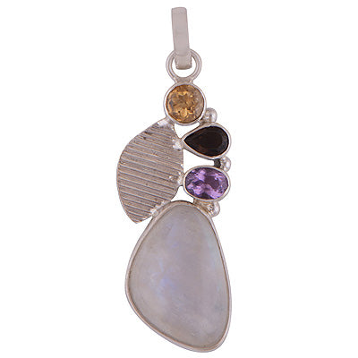 Alluring Four Stone Rainbow Moonstone,Citrine,Smoky Topaz,Amethyst Fancy Shape 925 Sterling Solid Silver Pendant - R101866-23