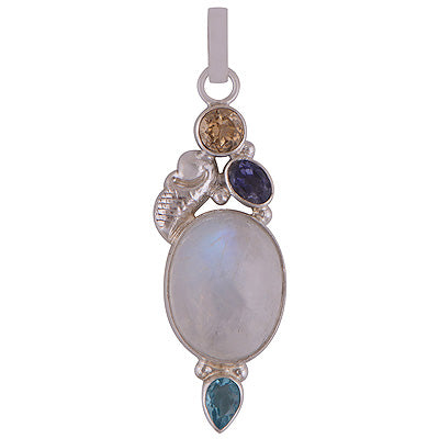 Unique Designed Four Stone Rainbow Moonstone,Citrine,Iolite,Blue Topaz Oval Shape 925 Sterling Solid Silver Pendant - R101868-8
