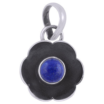Gorgeous oxidised flower around Lapis Round Shape 925 Sterling Solid Silver Pendant - R101901-6