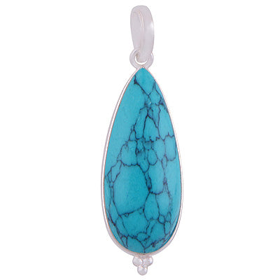 Gorgeous Elongated Gemstone Rawa Work Around Turquoise Pear Shape 925 Sterling Solid Silver Pendant - R101914-15