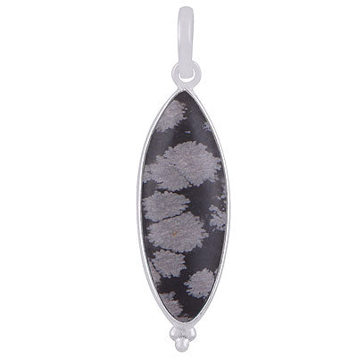 Gorgeous Elongated Gemstone Rawa Work Around Snowflake Obsidian Marquise Shape 925 Sterling Solid Silver Pendant - R101920-11