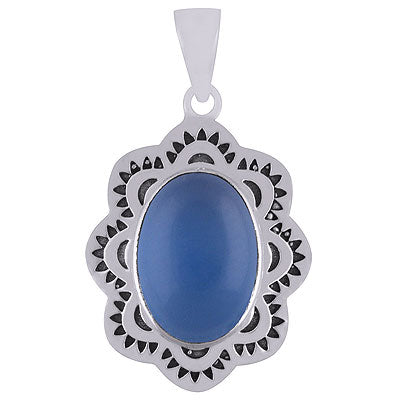 Alluring Oxidised Cut Work Around Blue Chalcedony Oval Shape 925 Sterling Solid Silver Pendants - R101929-8
