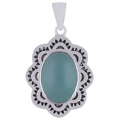 Alluring Oxidised Cut Work Around Aqua Chalcedony Oval Shape 925 Sterling Solid Silver Pendants - R101929-9