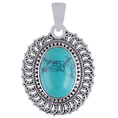 Gorgeous Rawa Work Around Turquoise Oval Shape 925 Sterling Solid Silver Pendants - R101930-2