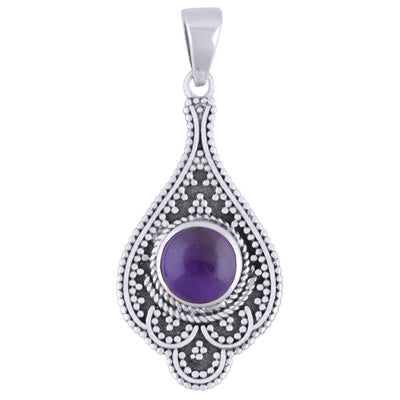 Alluring Rawa Work Around Amethyst Round Shape 925 Sterling Solid Silver Pendant - R101932-1