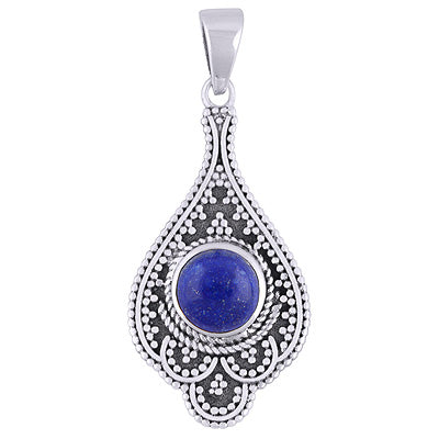 Alluring Rawa Work Around Lapis Round Shape 925 Sterling Solid Silver Pendant - R101932-6
