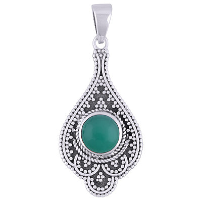 Alluring Rawa Work Around Green Onyx Round Shape 925 Sterling Solid Silver Pendant - R101932-8
