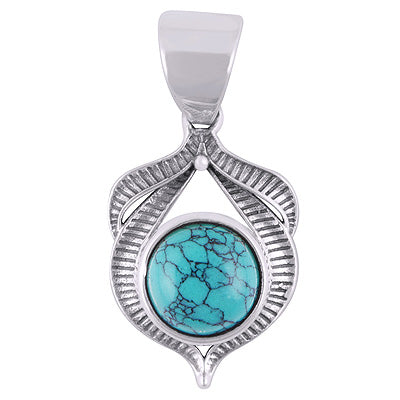Beautiful Handcrafted Oxidised Work Around Turquoise Round Shape 925 Sterling Solid Silver Pendants - R101938-3