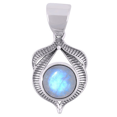 Beautiful Handcrafted Oxidised Work Around Rainbow Moonstone Round Shape 925 Sterling Solid Silver Pendants - R101938-4