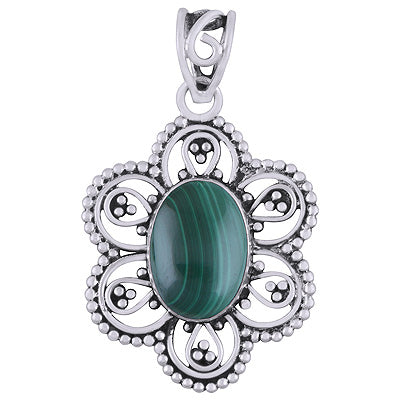 Gorgeous Flower Rawa And Wire Work Around Malachite Oval Shape 925 Sterling Solid Silver Pendants - R101947-10