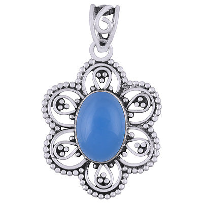 Gorgeous Flower Rawa And Wire Work Around Blue Chalcedony Oval Shape 925 Sterling Solid Silver Pendants - R101947-7