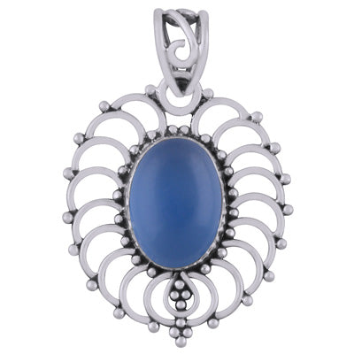 Beautiful Handcrafted Rawa Work Around Blue Chalcedony Oval Shape 925 Sterling Solid Silver Pendant - R101948-8