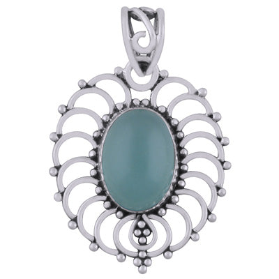 Beautiful Handcrafted Rawa Work Around Aqua Chalcedony Oval Shape 925 Sterling Solid Silver Pendant - R101948-9