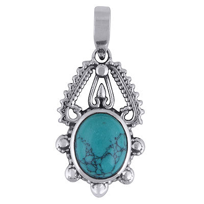 Stunning Rawa Work Around Turquoise Oval Shape 925 Sterling Solid Silver Pendant - R101966-3