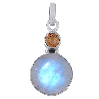 Beautiful Seated Multiple Gemstones Citrine,Rainbow Moonstone Round Shape 925 Sterling Solid Silver Pendants - R101975-4