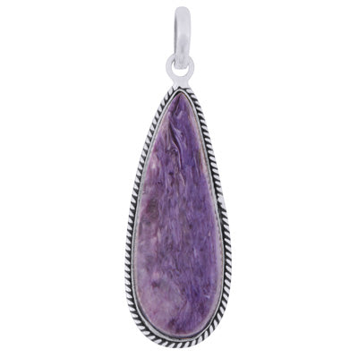 Beautiful Textured Wire Around Charoite Pear Shape 925 Sterling Solid Silver Pendant - R101984-19