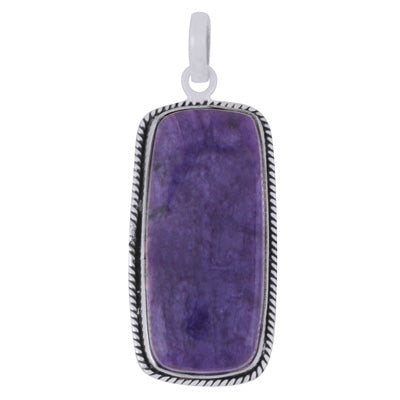 Beautiful Textured Wire Around Charoite Rectangle Shape 925 Sterling Solid Silver Pendant - R101984-24