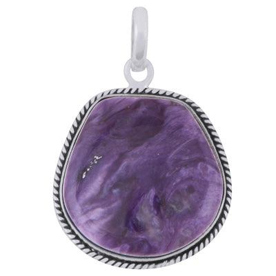 Beautiful Textured Wire Around Charoite Fancy Shape 925 Sterling Solid Silver Pendant - R101984-32