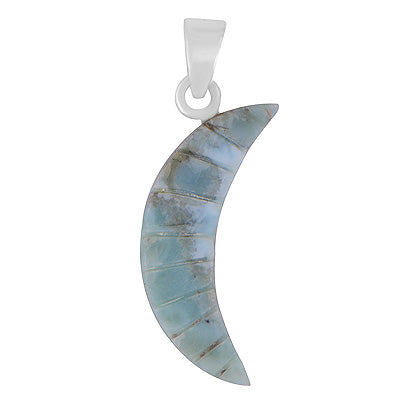 Beautiful Crescent Moon Carved out of Gemstone Larimar 925 Sterling Solid Silver Pendant - R102000-13