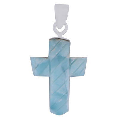 Stunning Cross Carved out of Gemstone Larimar 925 Sterling Solid Silver Pendant - R102002-17