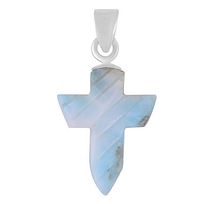 Stunning Cross Carved out of Gemstone Larimar 925 Sterling Solid Silver Pendant - R102002-33