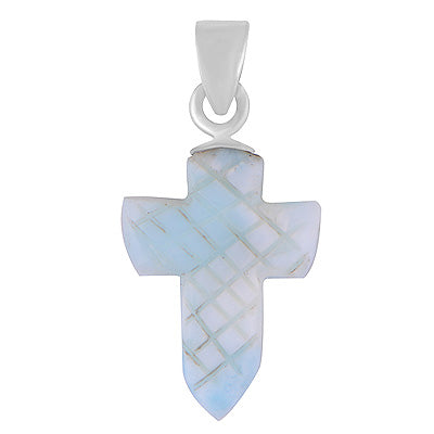 Stunning Cross Carved out of Gemstone Larimar 925 Sterling Solid Silver Pendant - R102002-37