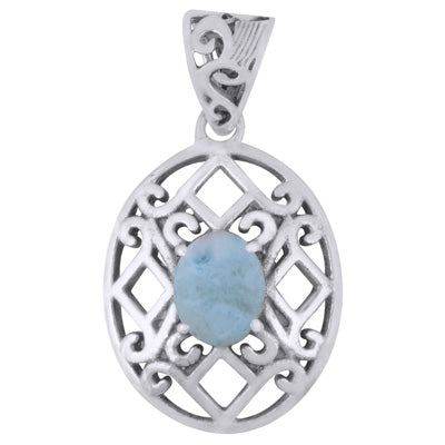 Alluring Jali Cut Around Larimar Oval Shape 925 Sterling Solid Silver Pendant - R102010-1