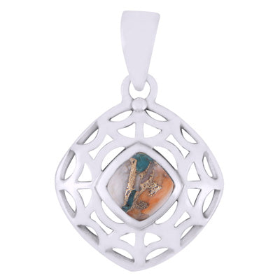 Gorgeous Handcrafted Jali Work Spiny Oyster Copper Turquoise Rhombus Shape 925 Sterling Solid Silver Pendant - R102015-4