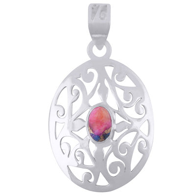 Gorgeous Oval Jali pattern HandCarved Pink Oyster Copper Turquoise Oval Shape 925 Sterling Solid Silver Pendant - R102038-4