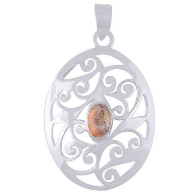 Beautifully Hand Carved Oval Jali pattern Spiny Oyster Copper Turquoise Oval Shape 925 Sterling Solid Silver Pendant - R102040-4