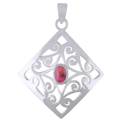 Alluring HandCarved Oval Jali pattern Pink Oyster Copper Turquoise Oval Shape 925 Sterling Solid Silver Pendant - R102044-3