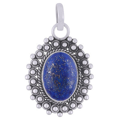 Classic Rawa Work Around Lapis Oval Shape 925 Sterling Solid Silver Pendant - R102063-6