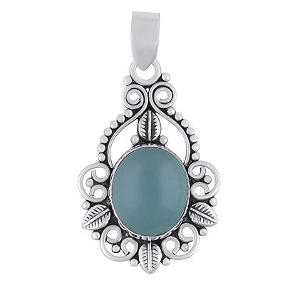 Beautiful Leaf Pattern & Rawa Work Around Aqua Chalcedony Oval Shape 925 Sterling Solid Silver Pendants - R102077-10