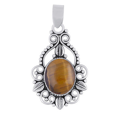 Beautiful Leaf Pattern & Rawa Work Around Tiger's Eye Oval Shape 925 Sterling Solid Silver Pendants - R102077-11