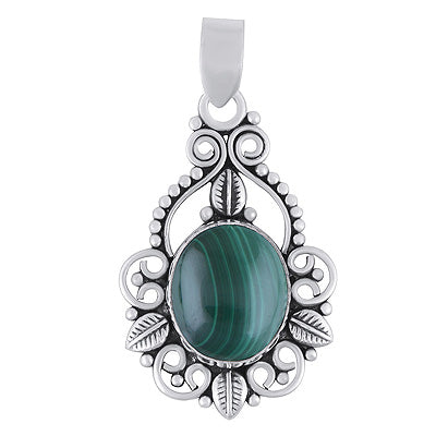 Beautiful Leaf Pattern & Rawa Work Around Malachite Oval Shape 925 Sterling Solid Silver Pendants - R102077-12
